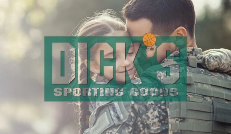 Military father embracing daughter, with Dick’s Sporting Goods logo overlay