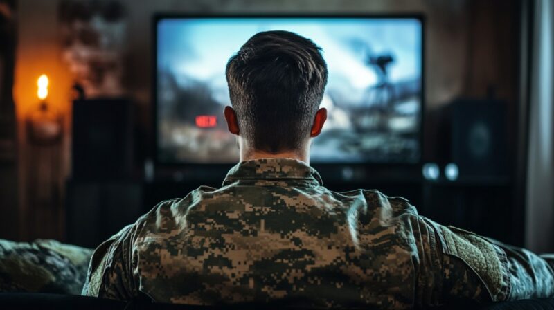 A person in military uniform sits on a couch watching Netflix on a large screen in a cozy, dimly lit room