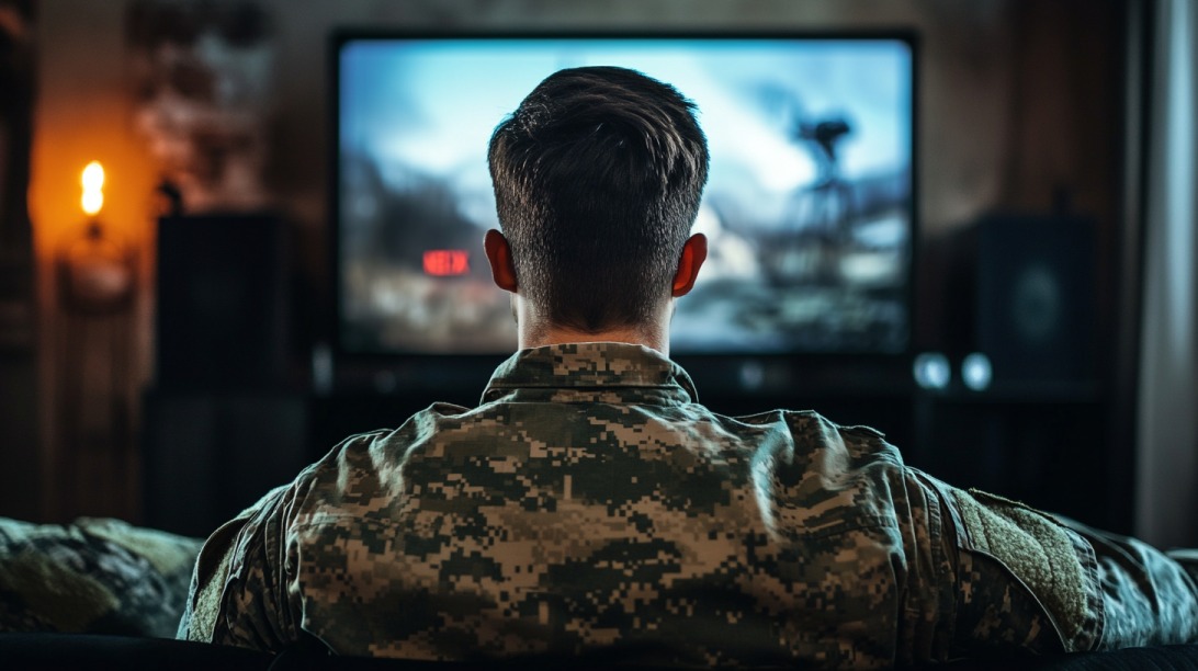 A person in military uniform sits on a couch watching Netflix on a large screen in a cozy, dimly lit room