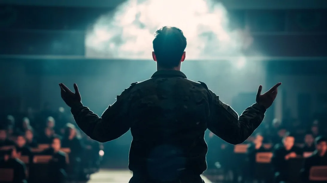 U.S. military service member addressing a classroom or audience under dramatic lighting