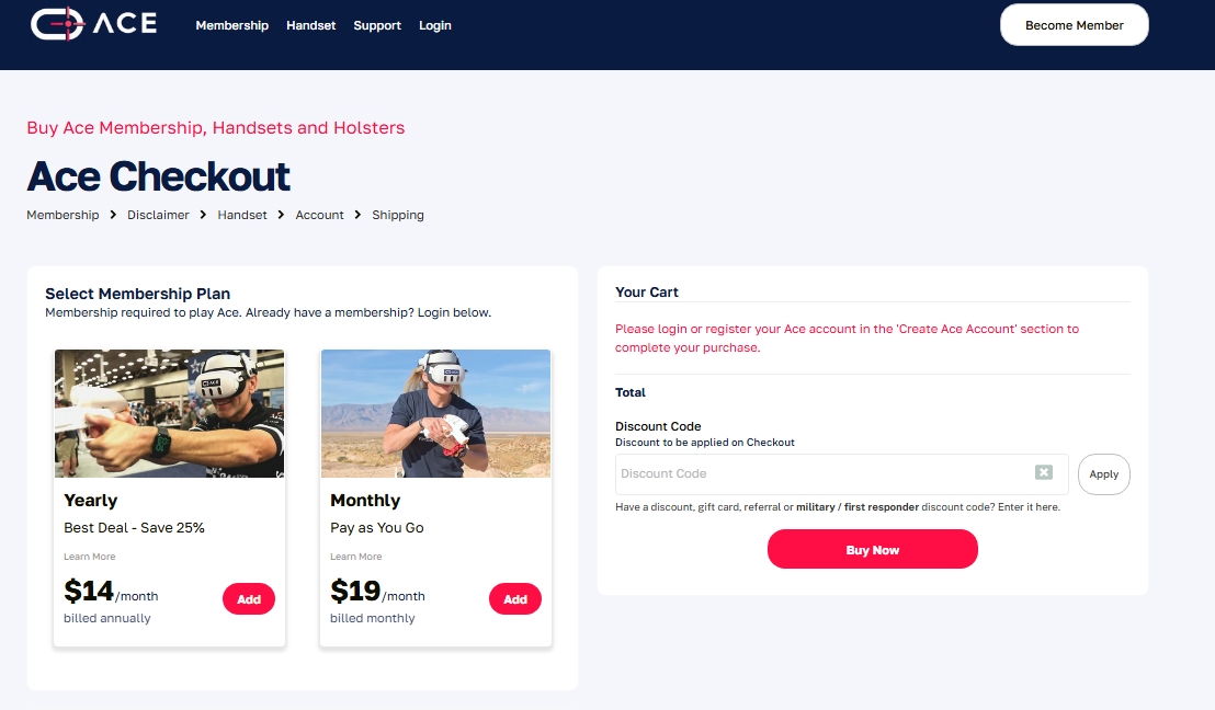 ACE XR checkout page showing yearly and monthly membership plans, with a field for military and first responder discount codes.