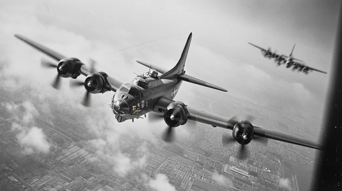 A black and white photo of a B-17 bomber aircraft flying above clouds and city landscape, with another plane in the background, representing U.S. Air Force strength during wartime