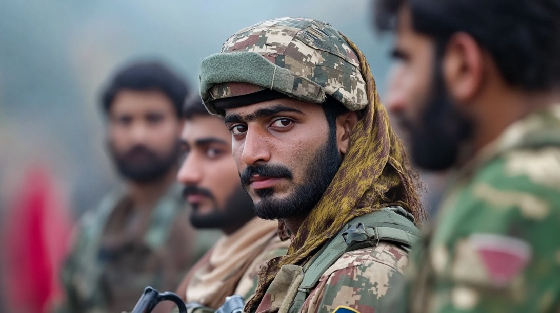 Soldier in camouflage uniform looking forward, with others blurred in the background