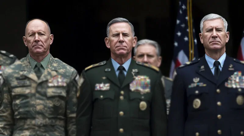 A group of high-ranking U.S. military officers in full uniform, decorated with medals and badges, standing solemnly in front of American flags