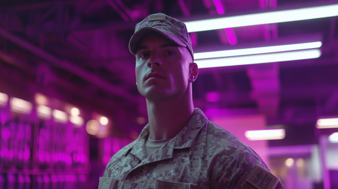 Man in camouflage uniform standing in a gym under purple lights, representing off-duty fitness routines