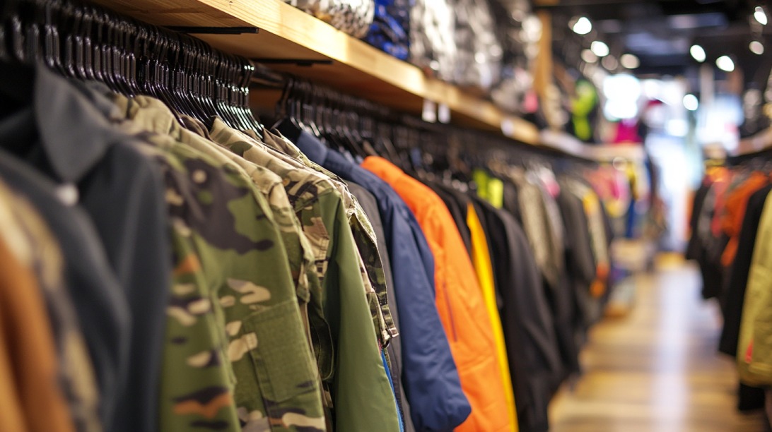 Close-up of military and outdoor jackets hanging on racks in a retail store