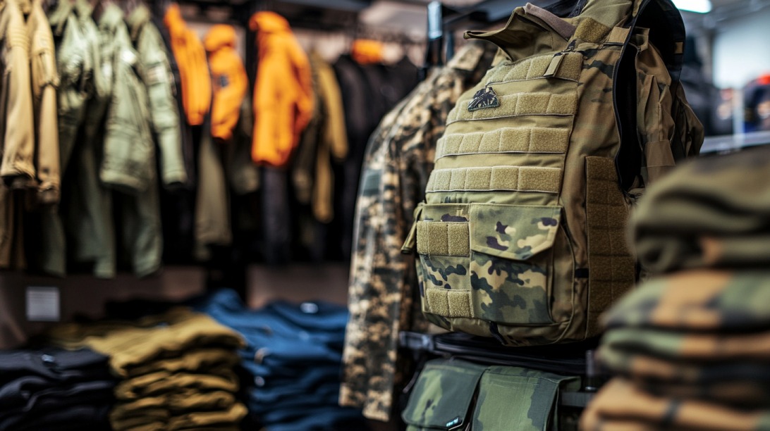 Display of military and tactical gear including camouflage vests and jackets in a retail store