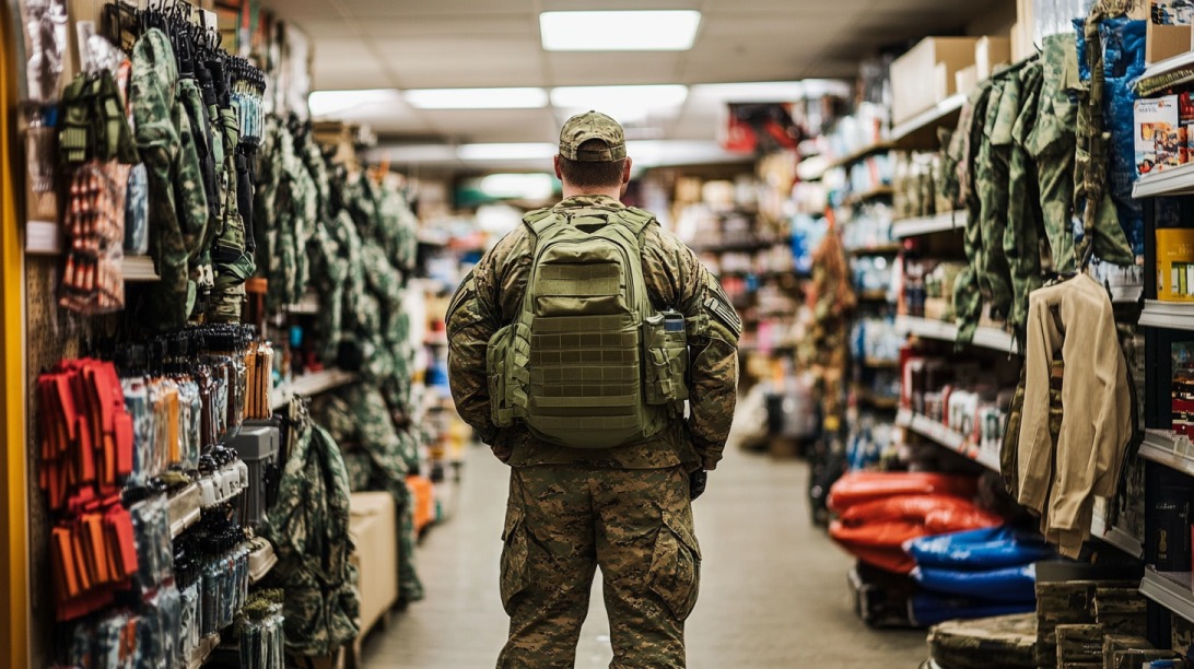 Military personnel shopping in a tactical gear aisle at a hardware or supply store