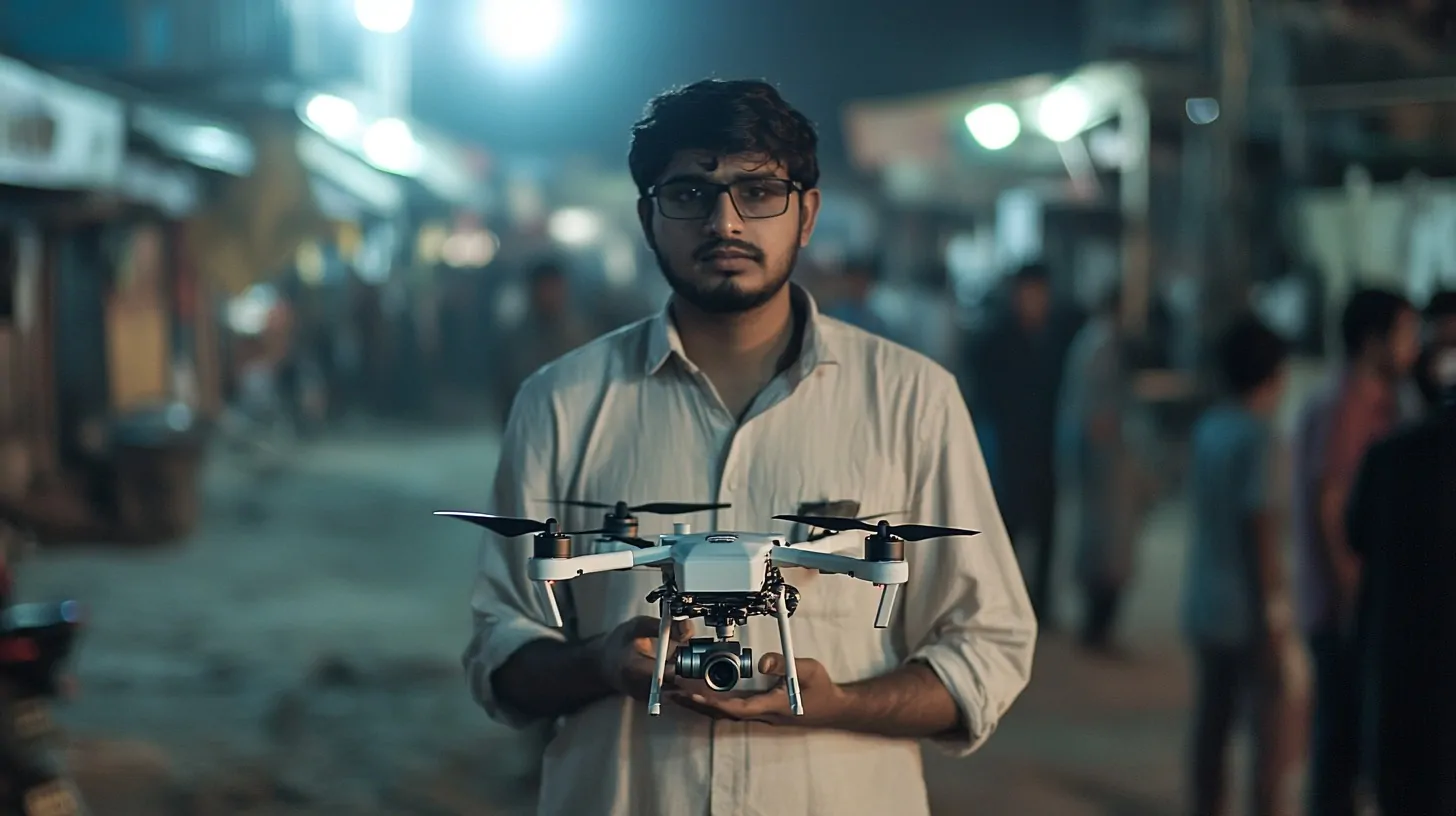 A man in a light shirt and glasses holding a quadcopter drone at night on a crowded street in South Asia