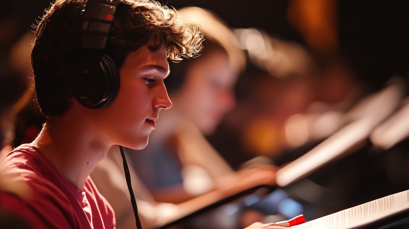 Teen student wearing headphones studying ASVAB test results in a classroom setting