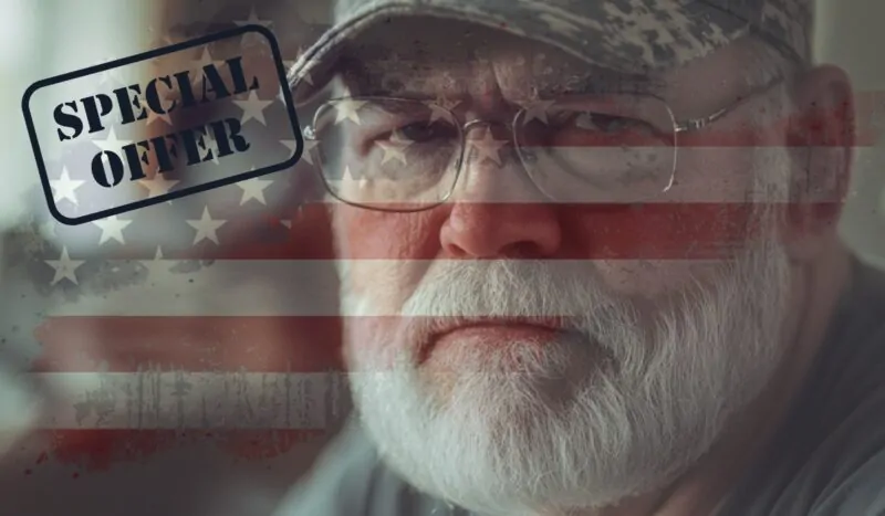 Elderly veteran with American flag overlay and "Special Offer" text