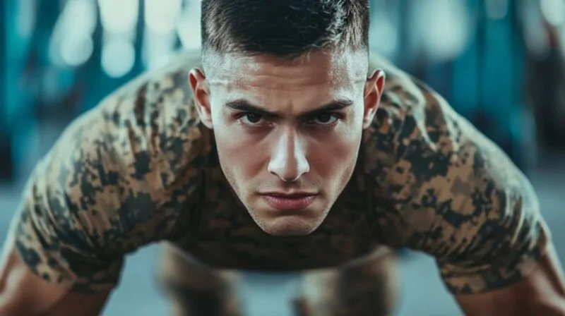 Man in military uniform doing push-ups with focused expression, emphasizing physical training