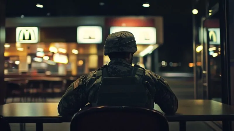 Back view of a person in military uniform sitting alone inside a McDonald’s at night, with the restaurant’s glowing signs in the background
