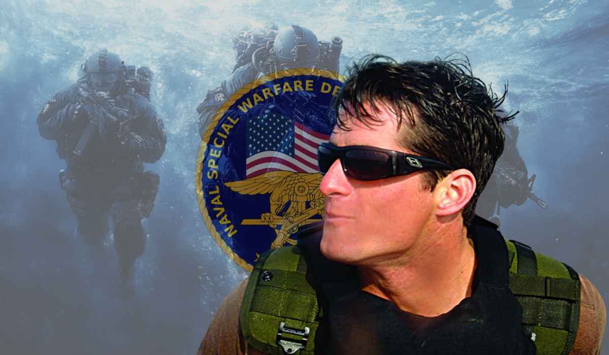 Michael A. Monsoor wearing tactical gear and sunglasses, with Navy SEAL emblem and underwater SEALs in the background