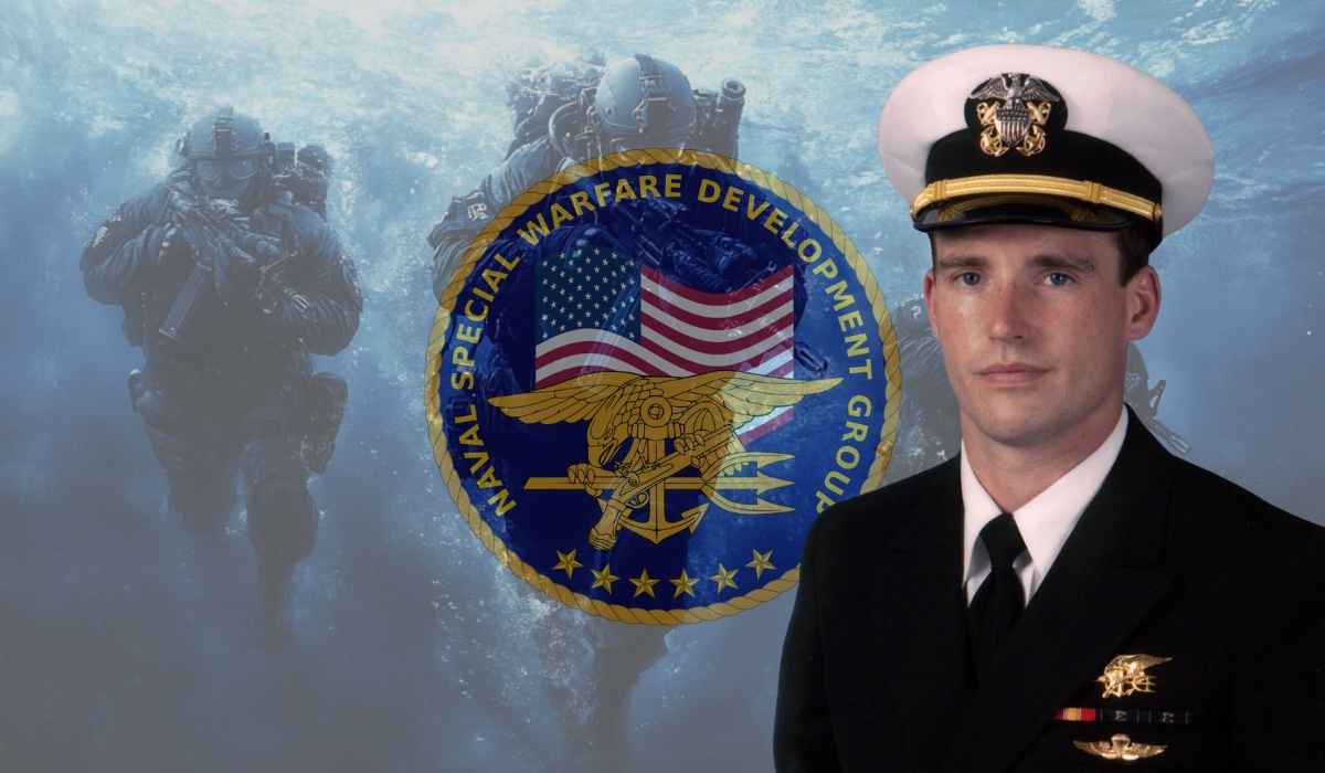 Michael P. Murphy in Navy officer uniform with Navy SEAL emblem and underwater SEAL team in the background