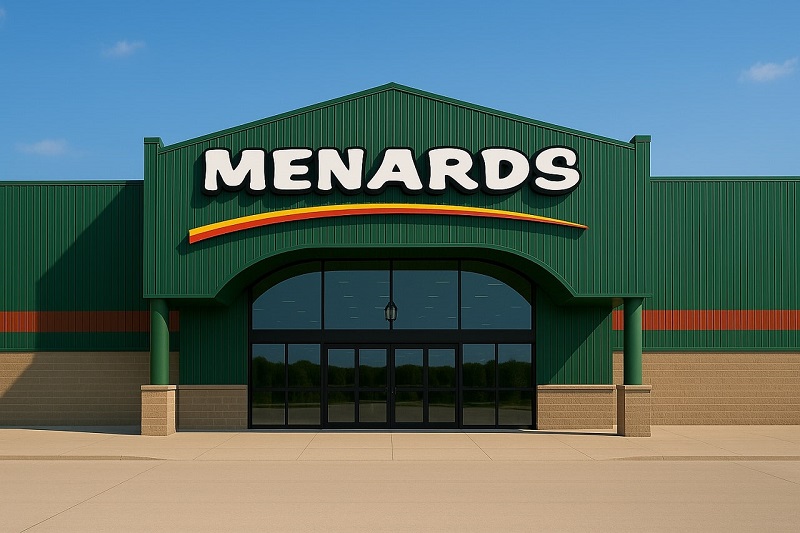 Menards storefront with green exterior and bold logo on display under a clear sky