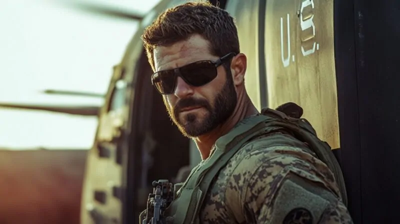 A U.S. Navy SEAL in tactical gear standing beside a military helicopter
