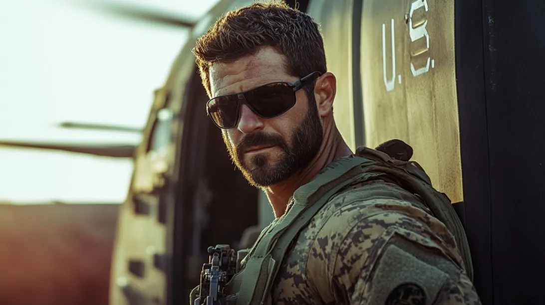 A U.S. Navy SEAL in tactical gear standing beside a military helicopter