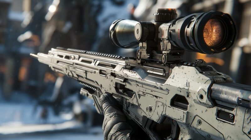 Close-up of a futuristic scoped rifle held by a gloved hand, featuring a sleek, tactical design with high-tech optics