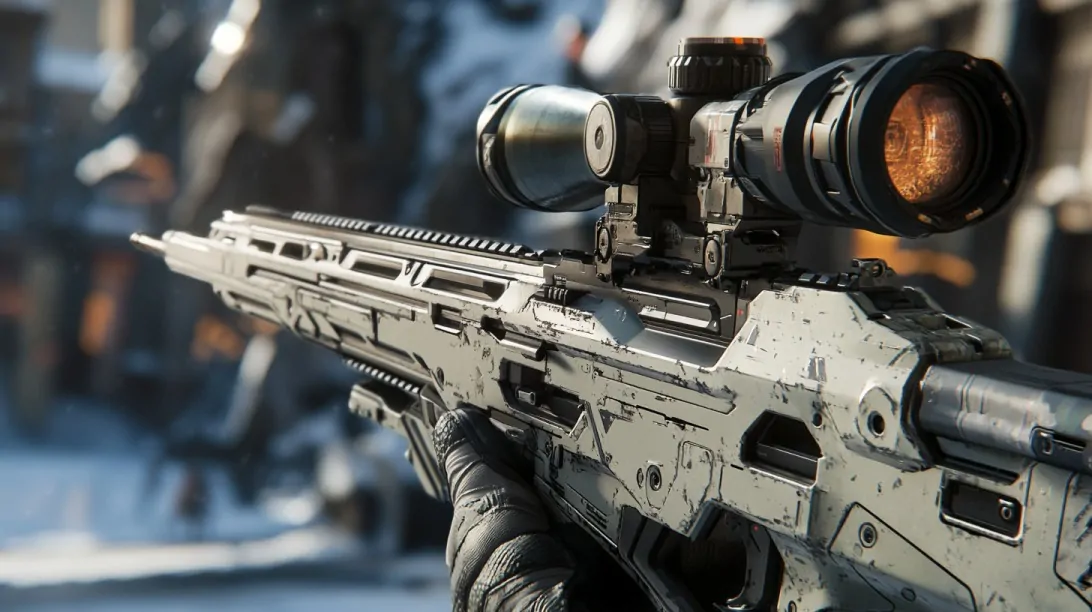 Close-up of a futuristic scoped rifle held by a gloved hand, featuring a sleek, tactical design with high-tech optics