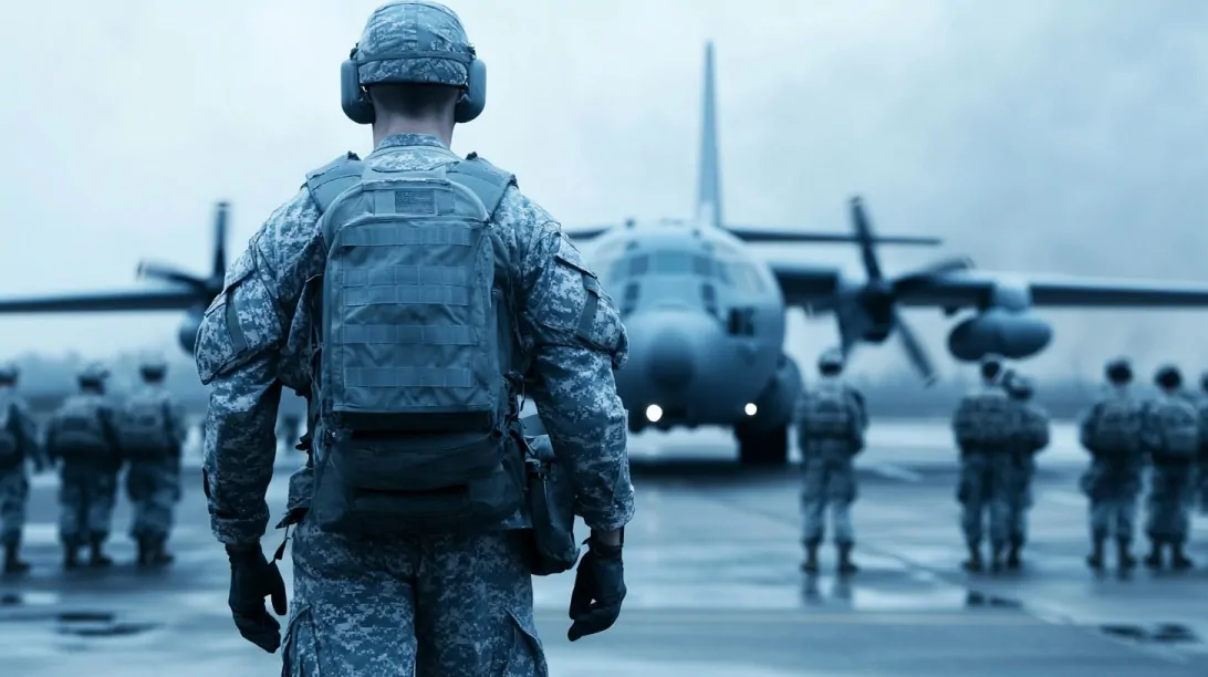 U.S. Air Force personnel in uniform preparing to board a military aircraft