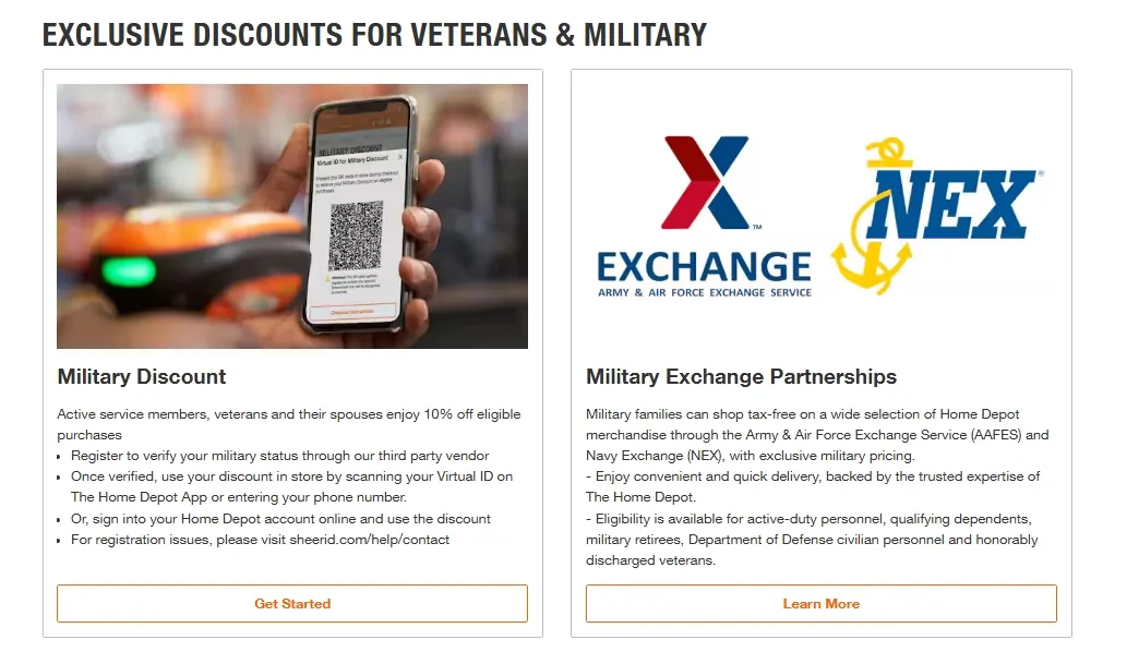 Promotional flyer showing Home Depot’s military discount program and partnerships with AAFES and NEX for tax-free shopping and special pricing for veterans and military families