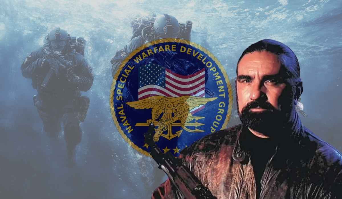 Portrait of Richard Marcinko holding a weapon, with a Navy SEAL emblem and underwater team background
