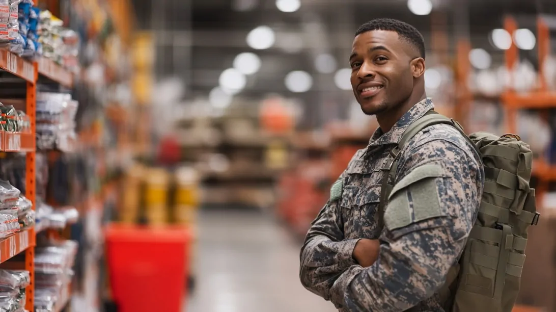 Smiling military service member in uniform standing in a Home Depot aisle, symbolizing access to military discounts