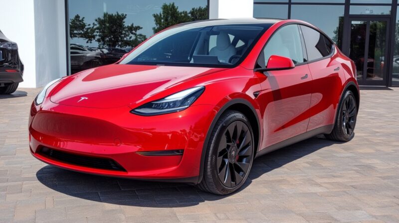 A red Tesla Model Y parked outside a dealership on a sunny day