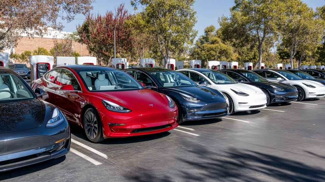 A row of Tesla vehicles parked at a Supercharger station on a sunny day