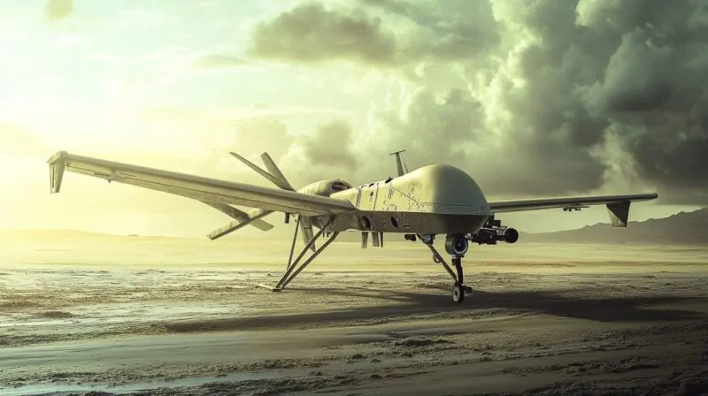 A military drone with extended wings and mounted sensors parked on a barren desert landscape under a cloudy sky