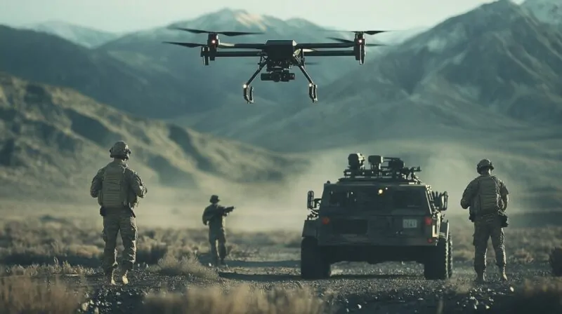 Military personnel operating with a drone and armored vehicle in a mountainous desert environment