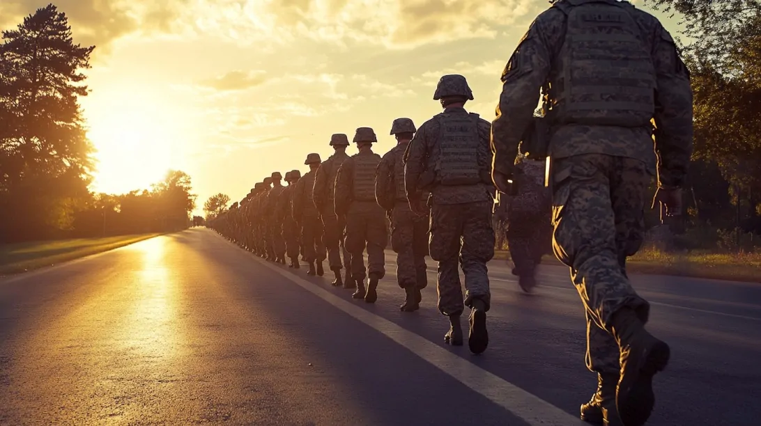 A long line of U.S. Army soldiers in full combat gear marching along a road at sunrise, symbolizing discipline and unity