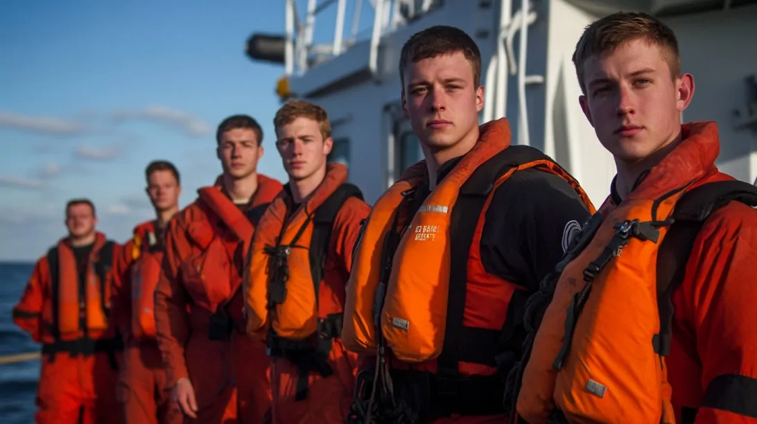 U.S. Coast Guard crew members in orange life vests standing in formation on a ship deck