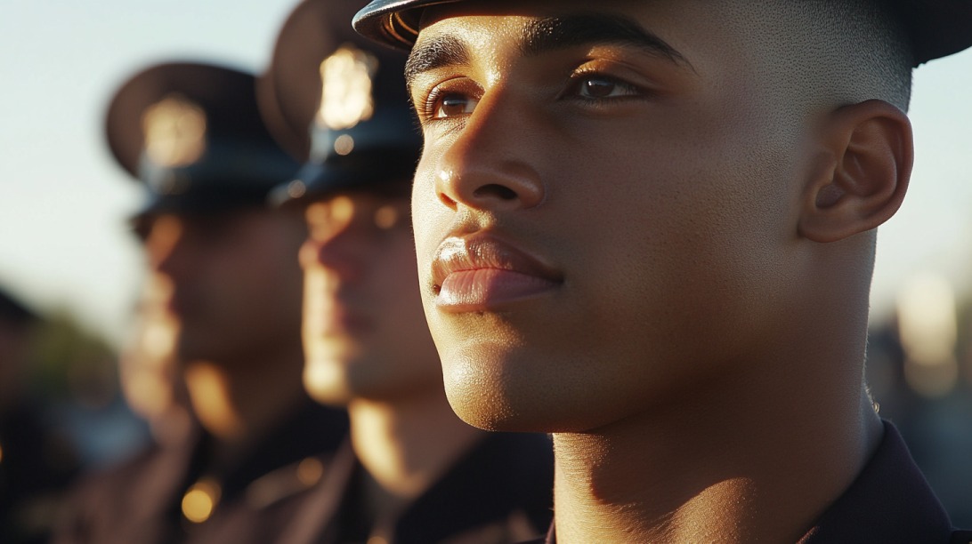 Close-up of a U.S. Marine Corps officer in uniform, standing at attention among other officers during a formation ceremony