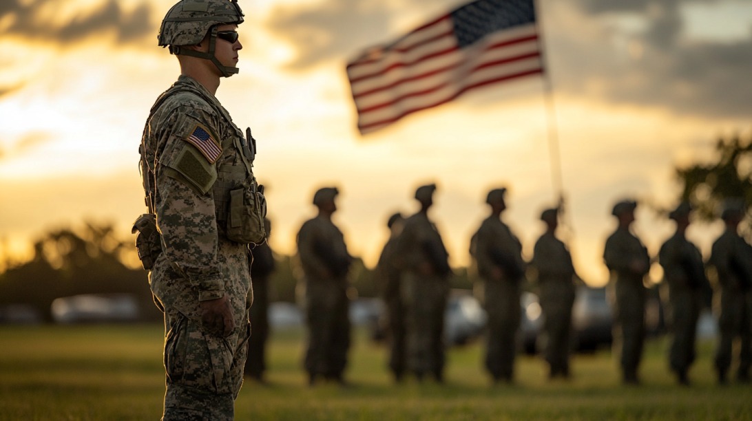 U.S. Space Force member in uniform standing at attention during formation with American flag in the background