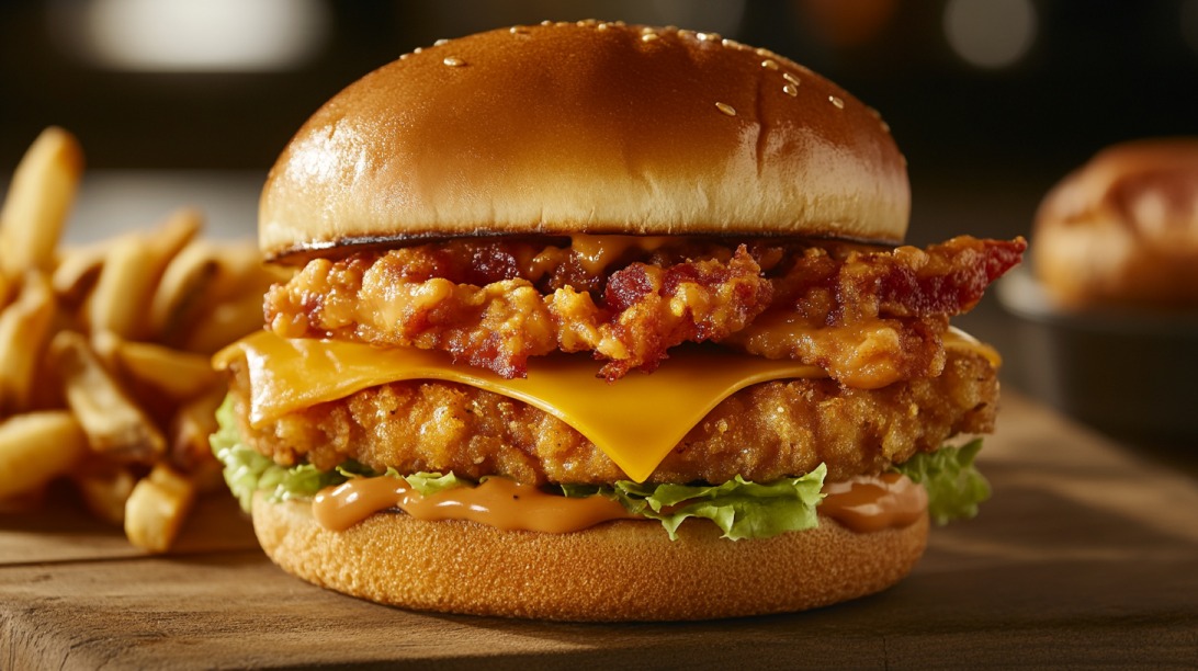 Close-up of a crispy chicken sandwich with cheddar cheese, bacon, lettuce, sauce, and sesame bun, served with fries