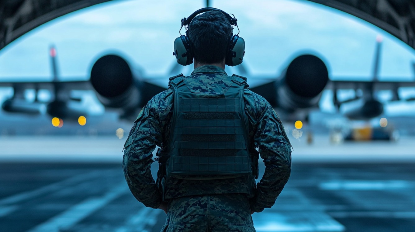 Airman in uniform facing a military jet on the runway at sunrise