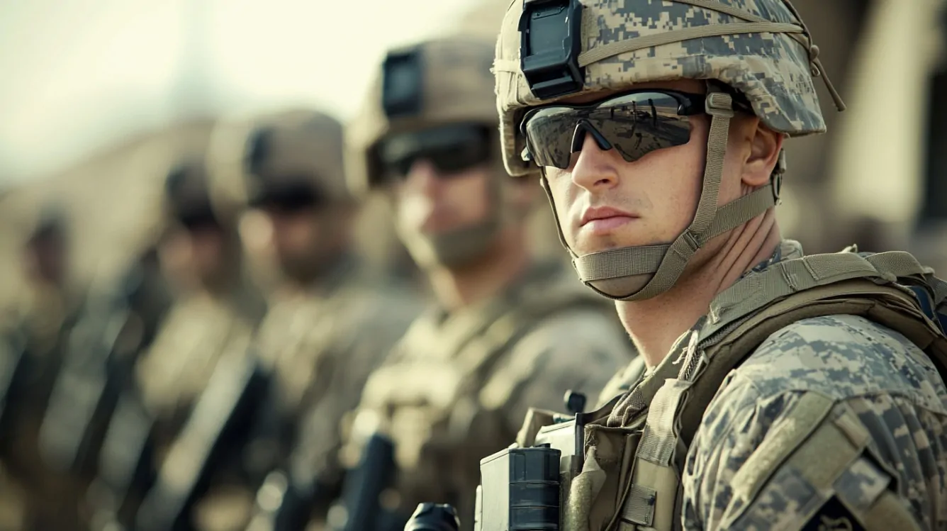 Close-up of a soldier in uniform and tactical gear with others standing in formation behind