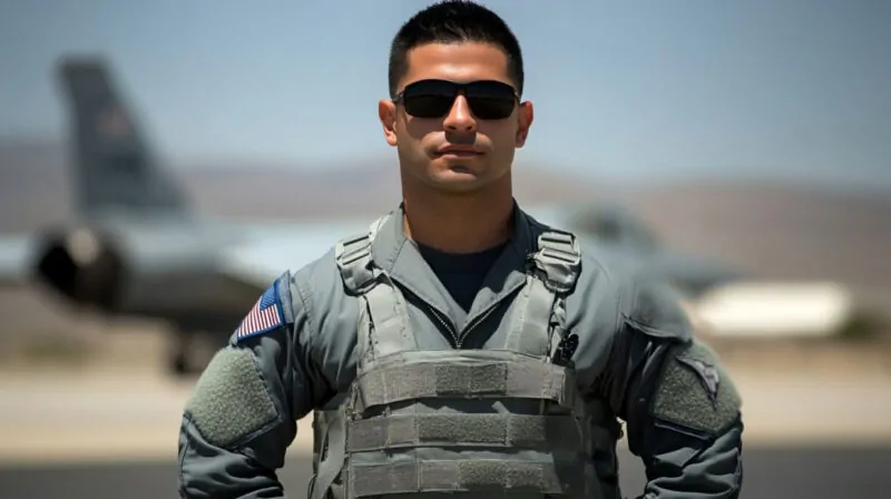 U.S. Air Force member in uniform with sunglasses, standing confidently near a fighter jet