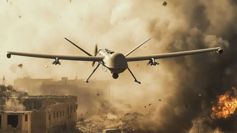 A combat drone flying over a war-torn urban area with smoke and explosions in the background, representing military operations