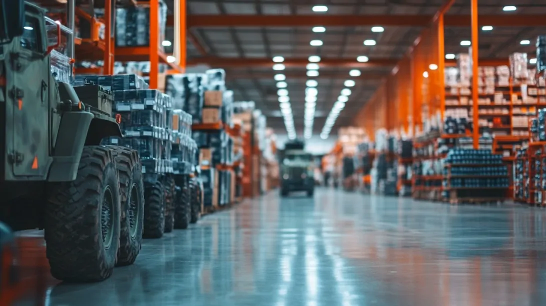 Military vehicles and supplies inside a large warehouse, representing Home Depot’s support for military personnel through exclusive discounts