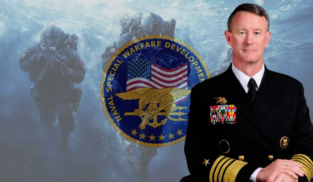 Admiral William H. McRaven in uniform with Navy SEAL emblem and underwater SEAL team background