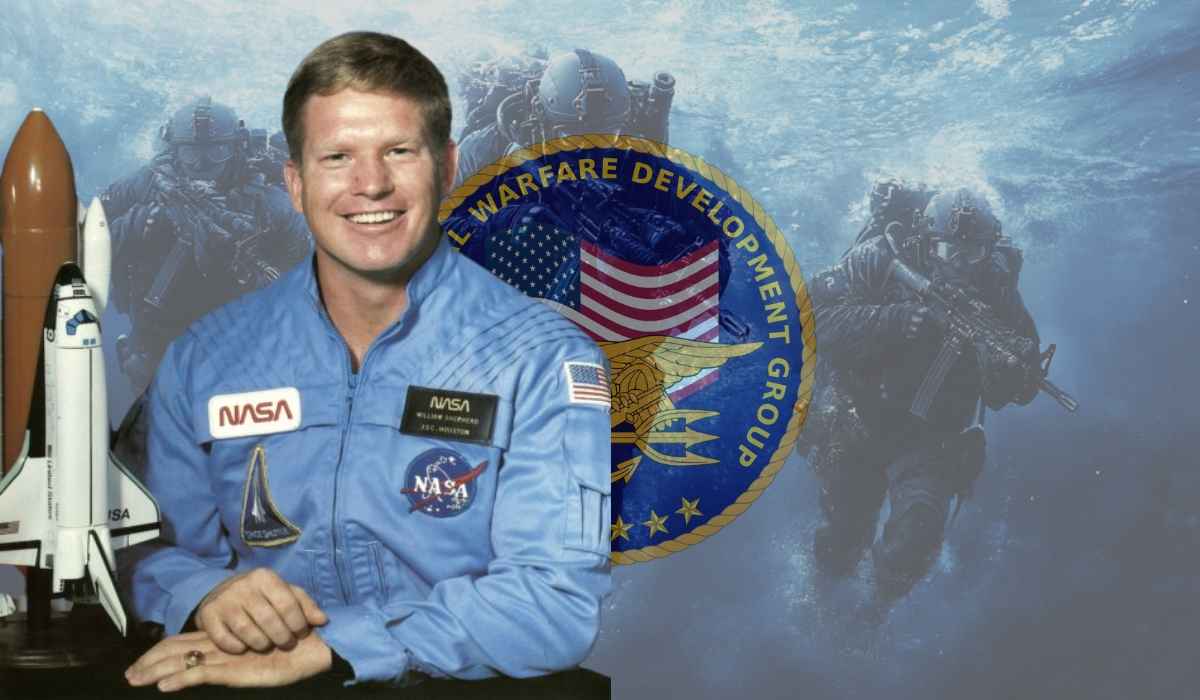 William Shepherd in a NASA uniform with a space shuttle model, set against a Navy SEAL background