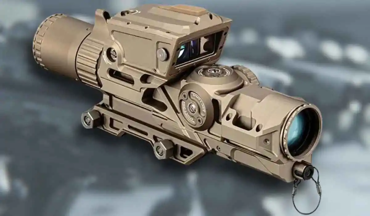 Close-up view of the XM157 Fire Control System, a high-tech rifle optic with advanced sensors and targeting features