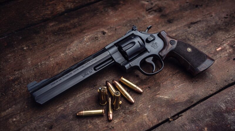 A large black revolver with a wooden grip resting on a wooden surface, surrounded by several .44 Magnum bullets