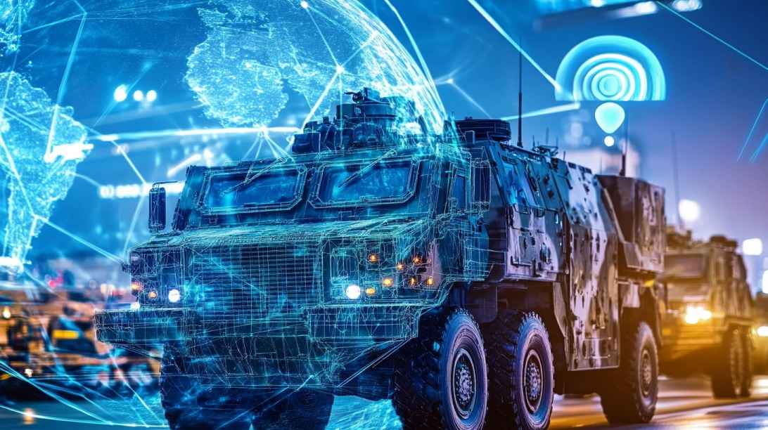 Futuristic military vehicles overlaid with digital network graphics and a glowing globe, symbolizing 5G connectivity
