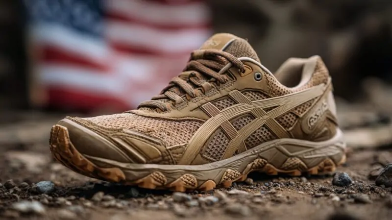 Tan ASICS running shoe on rocky ground with a blurred American flag in the background