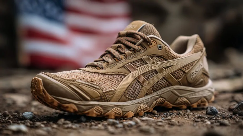 Tan ASICS running shoe on rocky ground with a blurred American flag in the background