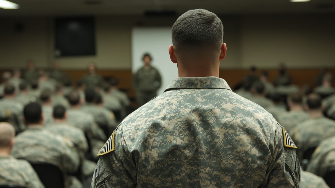 A military student in uniform sits facing a classroom of fellow cadets during a lecture or briefing session